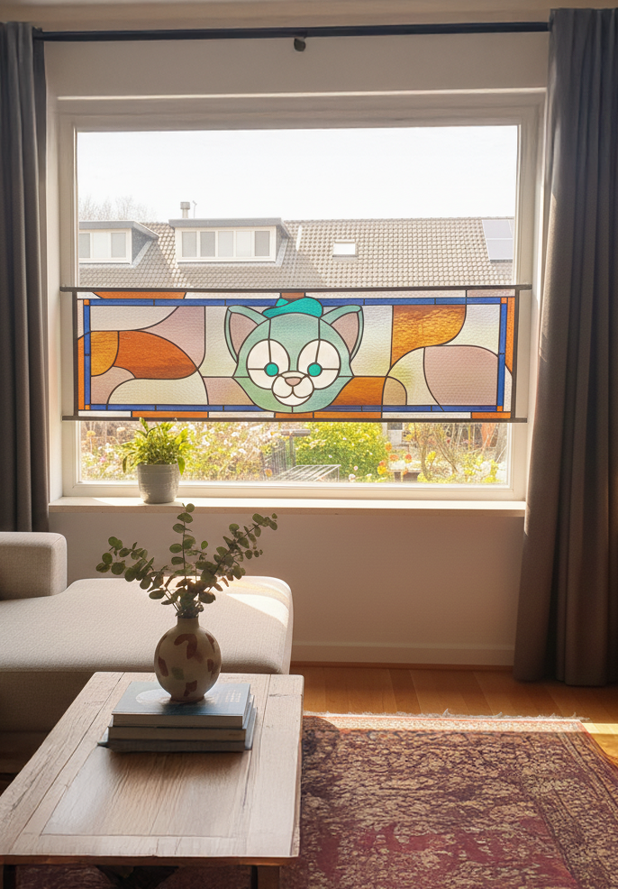 Glas-in-lood raam met karakter, op maat ontworpen